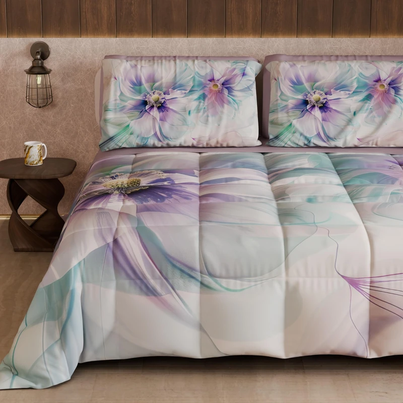 PETTI Artigiani Italiani - Winter Quilt, Winter Duvet, Double Sided Quilt, Solid Colour and Digital Floral Print 04 159, 100% Microfibre, Made in Italy