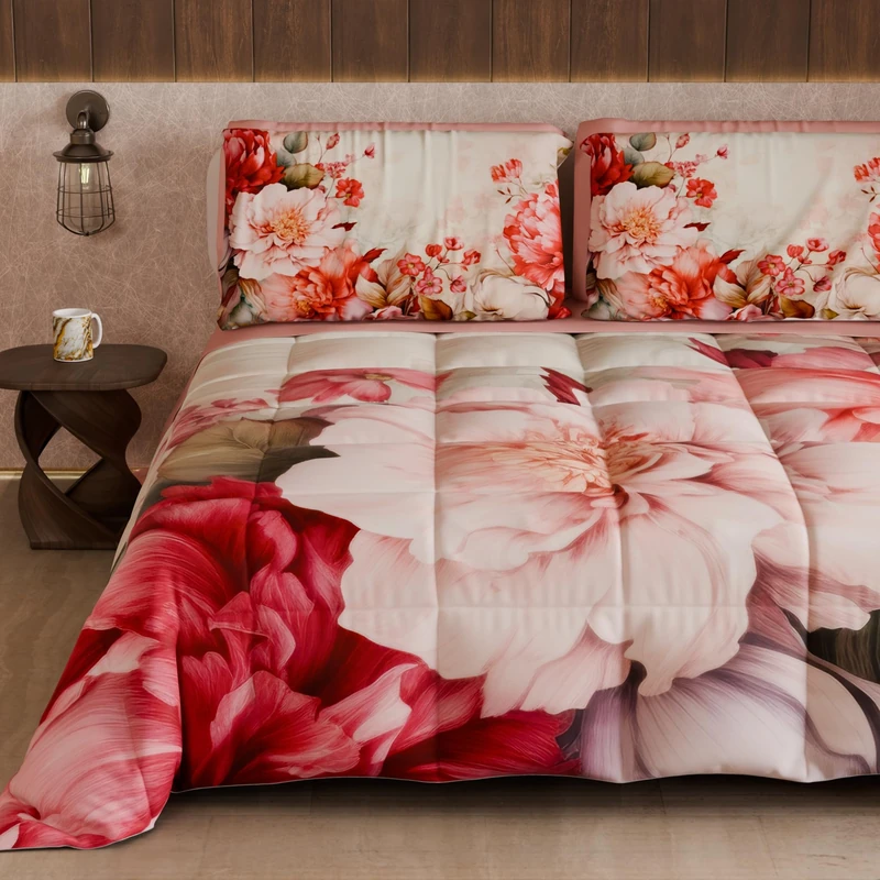 PETTI Artigiani Italiani - Winter Quilt, Winter Duvet, Double Sided Quilt, Solid Colour and Digital Floral Print 04 152, 100% Microfibre, Made in Italy