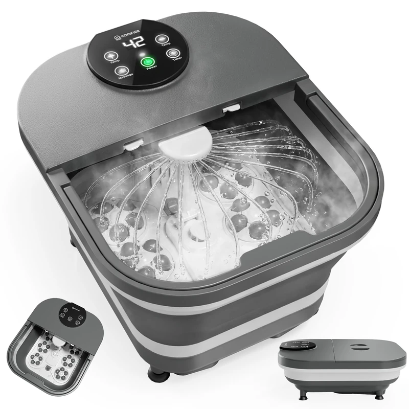 COMFIER Electric Foot Spa Massager with Heat & Automatic Rolling Massage, Adjustable Temperature, 180° Surround Water Spray, Large LED Display, Detachable Massage Plates, Gift for Family and Friends