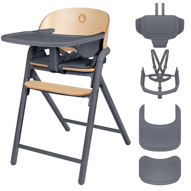 LIONELO Celia 3-in-1 Scalable Highchair (Baby-Child-Adult), Adjustable Height and Depth, 5-Point Harness, Removable Tray, Up to 90 kg, Universal Design, Solid Natural Wood, Grey