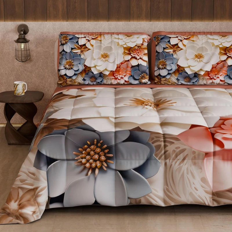 PETTI Artigiani Italiani - Winter Quilt, Winter Duvet, Double Sided Quilt, Solid Colour and Digital Floral Print 05 1, 100% Microfibre, Made in Italy