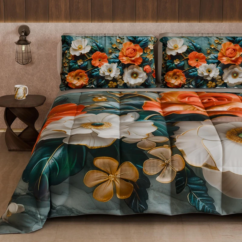 PETTI Artigiani Italiani - Winter Quilt, Winter Duvet, Double Sided Quilt, Solid Colour and Digital Floral Print 05 18, 100% Microfibre, Made in Italy