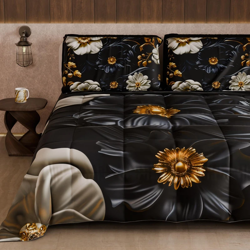 PETTI Artigiani Italiani - Winter Quilt, Winter Duvet, Double Sided Quilt, Solid Colour and Digital Floral Print 05 6, 100% Microfibre, Made in Italy