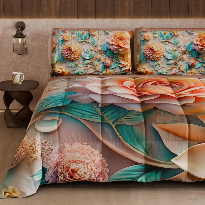 PETTI Artigiani Italiani - Winter Quilt, Winter Duvet, Double Sided Quilt, Solid Colour and Digital Floral Print 05 11, 100% Microfibre, Made in Italy - Image 1