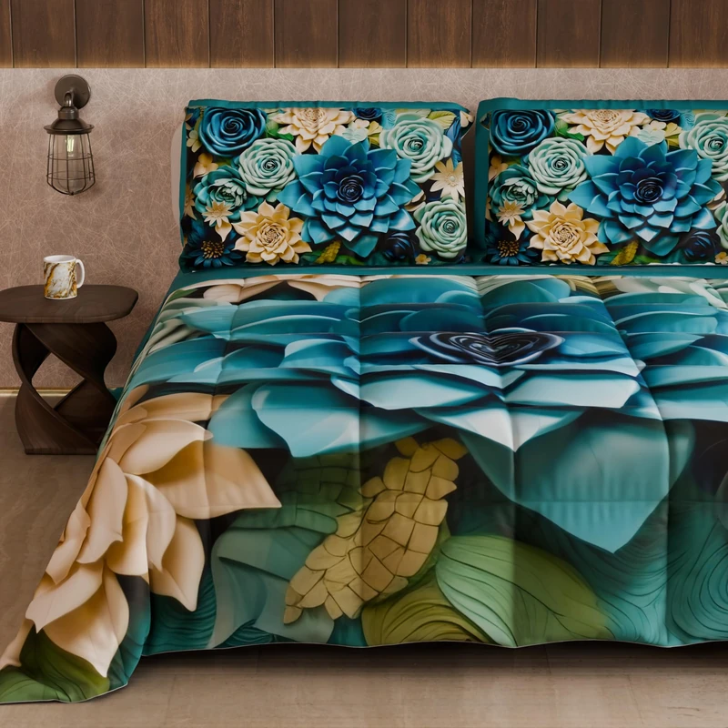 PETTI Artigiani Italiani - Winter Quilt, Winter Duvet, Double Sided Quilt, Solid Colour and Digital Floral Print 05 15, 100% Microfibre, Made in Italy