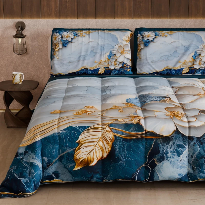 PETTI Artigiani Italiani - Winter Quilt, Winter Duvet, Double Sided Quilt, Solid Colour and Digital Floral Print 06 15, 100% Microfibre, Made in Italy