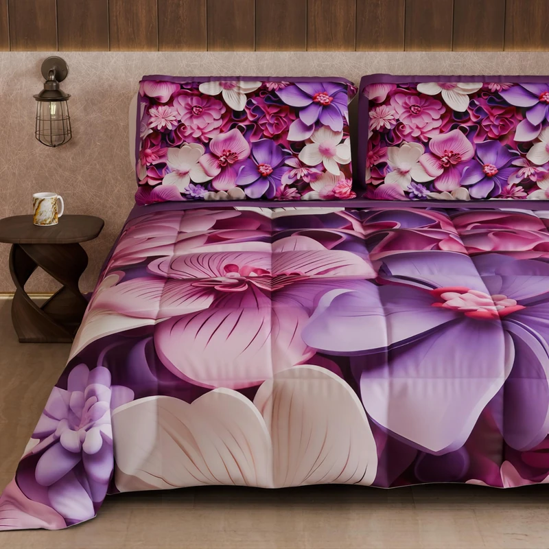 PETTI Artigiani Italiani - Winter Quilt, Winter Duvet, Double Sided Quilt, Solid Colour and Digital Floral Print 05 23, 100% Microfibre, Made in Italy