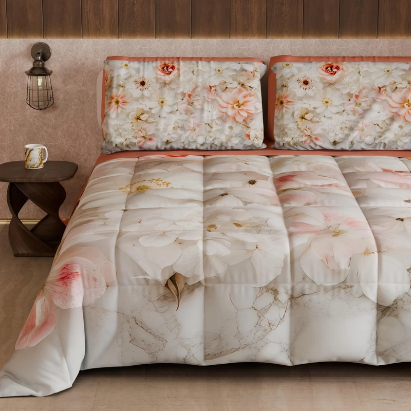 PETTI Artigiani Italiani - Winter Quilt, Winter Duvet, Double Sided Single Quilt Solid Colour and Digital Floral Print 06 21, 100% Microfibre, Made in Italy