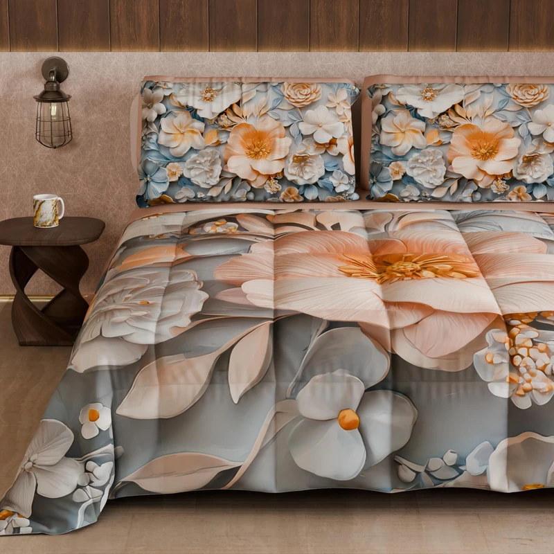PETTI Artigiani Italiani - Winter Quilt, Winter Duvet, Double Sided Quilt, Solid Colour and Digital Floral Print 05 20, 100% Microfibre, Made in Italy