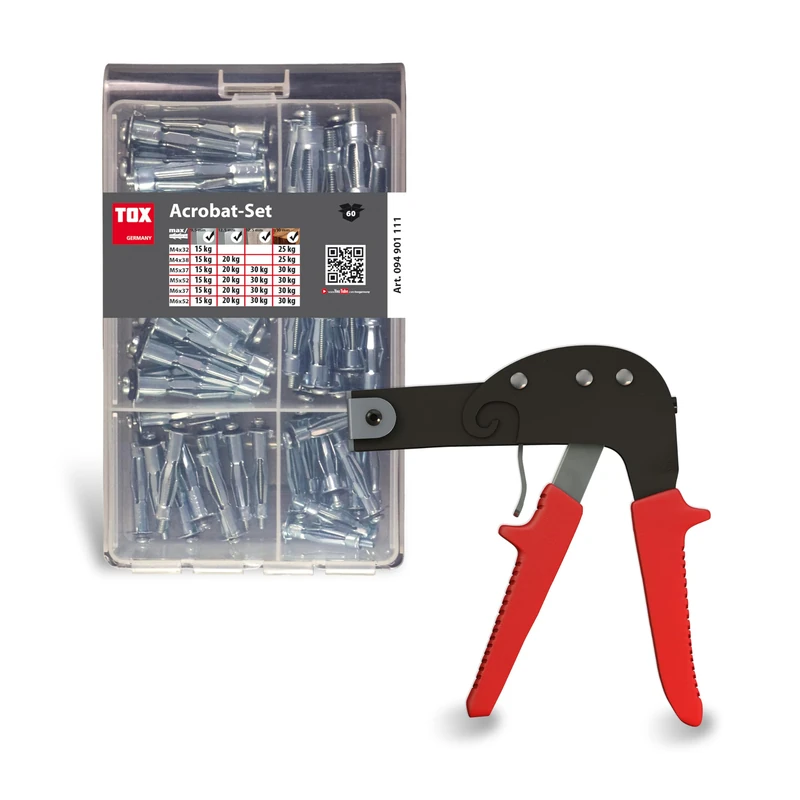 TOX -Plug Assortment Acrobat Set (60 Pieces) + Mounting Pliers Acrobat Speed Plus for All Sizes, Metal Hollow Plug Acrobat in 6 Sizes with Screw + Pliers, for Plasterboard, 094909140
