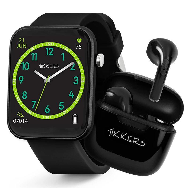 Tikkers Smart Series 13 - Black Silicone Strap Smart Watch & Earbuds Set TKS13-0032-SET