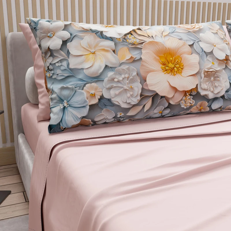 PETTI Artigiani Italiani - Cotton Sheets with Pillowcases in Digital Print, French Queen, Complete Top and Bottom Sheet with Corners, Floral 05 20 Light Powder, 100% Made in Italy