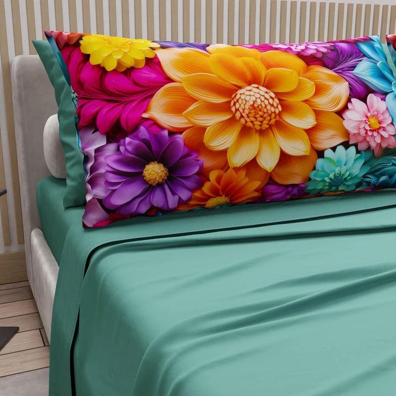 PETTI Artigiani Italiani - Cotton Sheets with Pillowcases in Digital Print, Double Maxi, Complete Top and Bottom Sheet with Corners, Floral 05 12 Teal, 100% Made in Italy