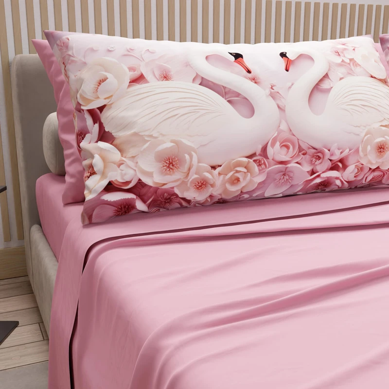 PETTI Artigiani Italiani - Cotton Sheets with Pillowcases in Digital Print, Double Maxi, Top and Bottom Sheet Set with Corners, Pink Swans, 100% Made in Italy