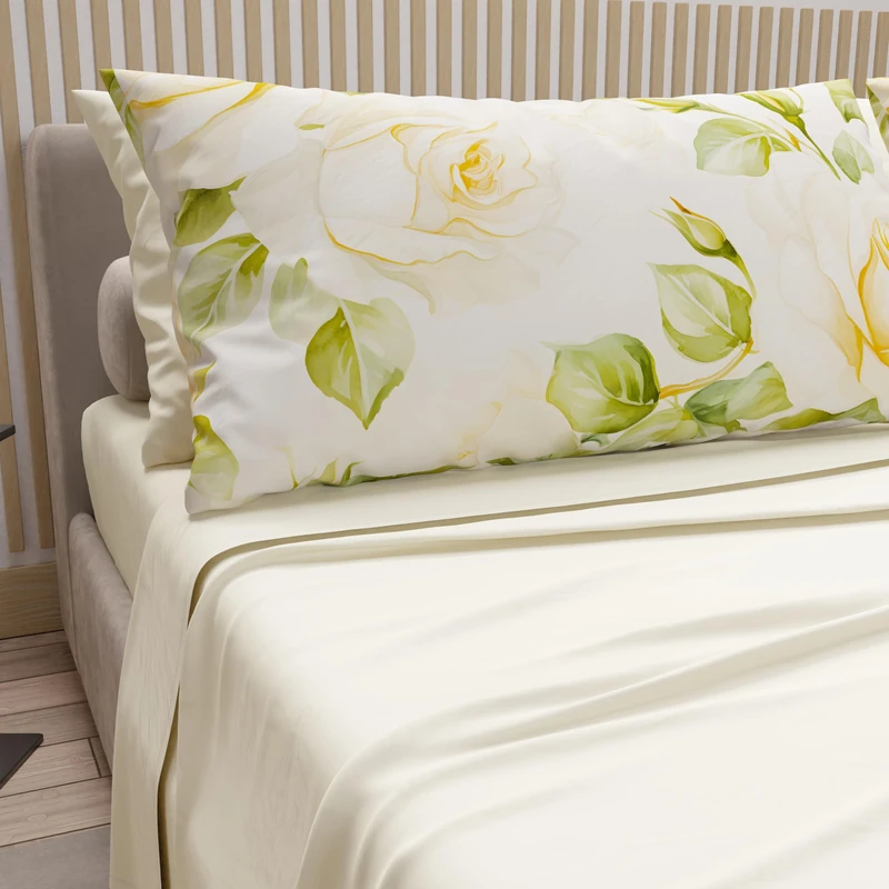 PETTI Artigiani Italiani - Cotton Sheets with Pillowcases in Digital Print, French Quarter Size, Top and Bottom Sheet Set with Corners, Wedding Cream, 100% Made in Italy