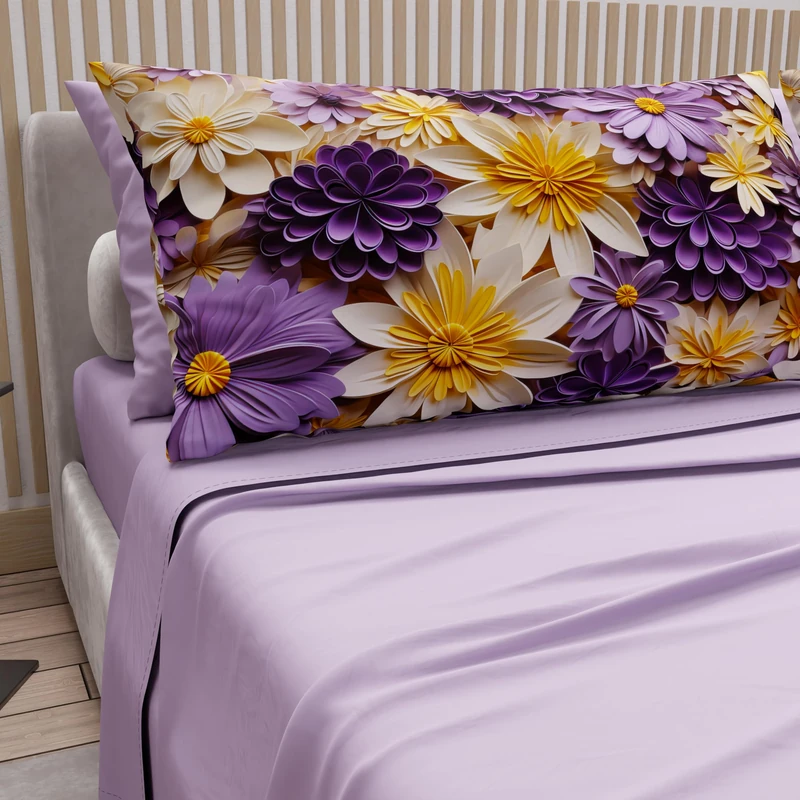 PETTI Artigiani Italiani - Cotton Sheets with Pillowcases in Digital Print, Double Maxi, Complete Top and Bottom Sheet with Corners, Floral 05 4 Lilac, 100% Made in Italy