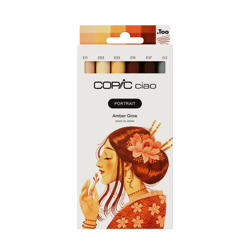 Copic Ciao Portrait Set Amber Glow, 5 Beige and Sand Tones Including 1 Multiliner 0.3 mm in Brown, Twin Marker with Medium Width and Brush Tip