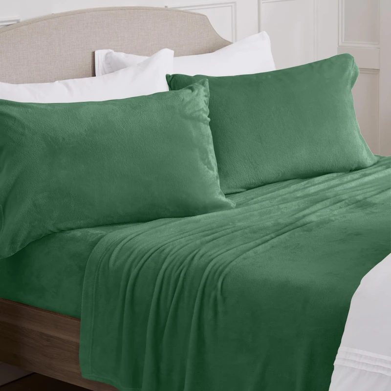 NY Loft Ultra Soft Micro Fleece Sheet Set | Queen Size | Super Plush Sheets | Holiday Themed | Extra Deep Pockets | Cozy Warmth | Tribeca Collection (Queen - Pine Green)