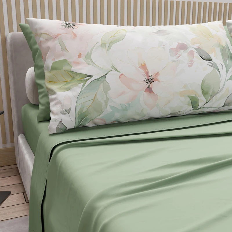 PETTI Artigiani Italiani - Cotton Sheets with Pillowcases in Digital Print, Double Maxi, Complete Top and Bottom Sheet with Corners, Floral 04 143 Sage, 100% Made in Italy