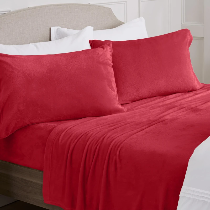 NY Loft Ultra Soft Micro Fleece Sheet Set | Queen Size | Super Plush Sheets | Holiday Themed | Extra Deep Pockets | Cozy Warmth | Tribeca Collection (Queen - Christmas Red)