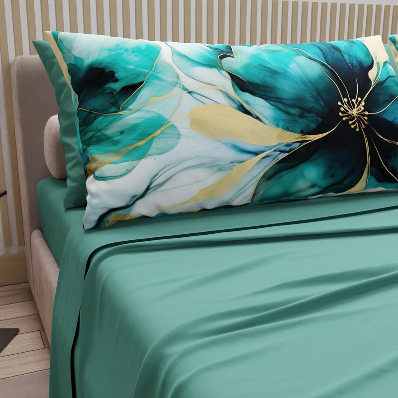 PETTI Artigiani Italiani - Cotton Sheets with Pillowcases in Digital Print, French Queen, Top and Bottom Sheet Set with Corners, Marble 09 Teal, 100% Made in Italy