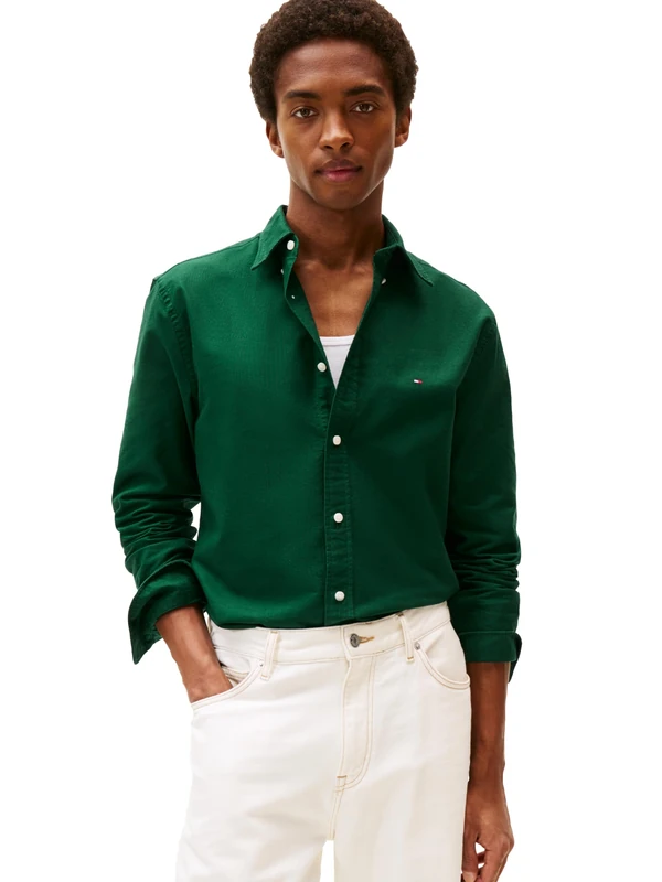 Tommy Hilfiger Long Sleeve Oxford Regular Fit, Men's Button Down Shirts, Also Available in Big and Tall, Ornamental Green/Ornamental Green Solid, Large
