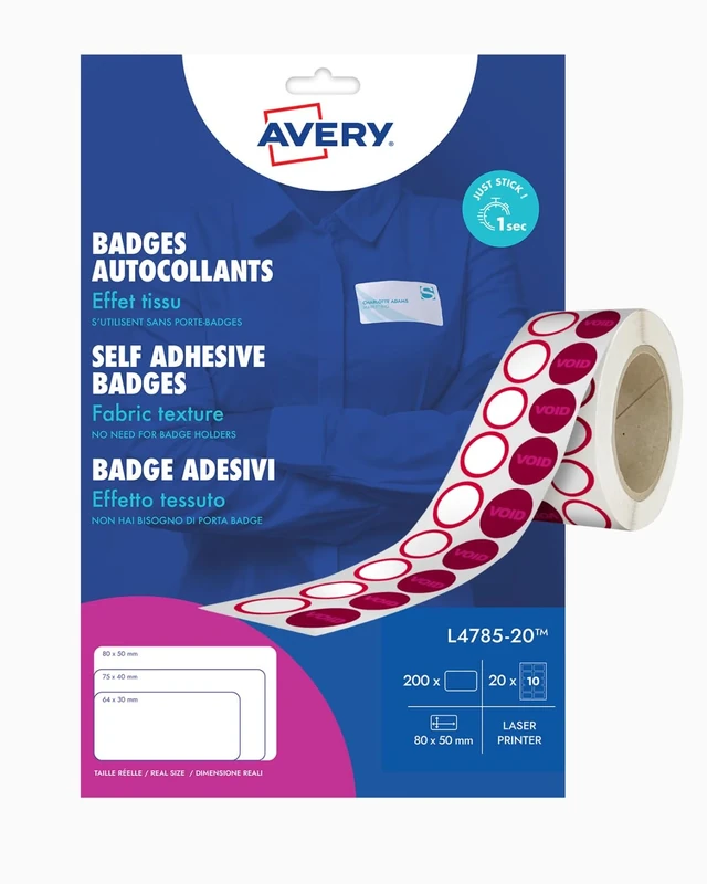Bundle of Avery Printable Name Badge Stickers 200 Badges + Avery 1 Roll of Time-Expiring Self-Adhesive Badge Dots – 1 Roll (1000 Dots)