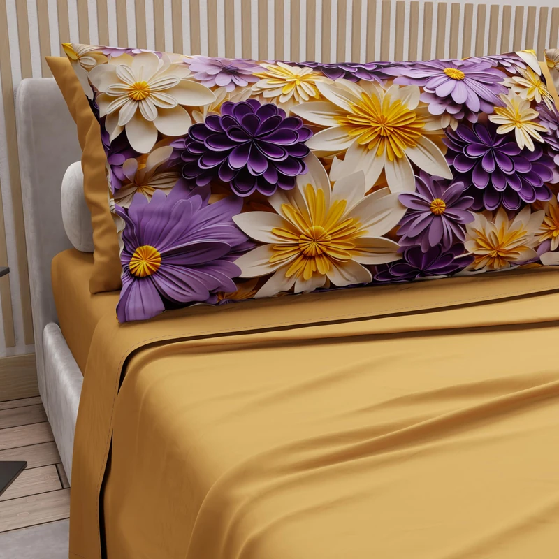 PETTI Artigiani Italiani - Cotton Sheets with Pillowcases in Digital Print, Double Maxi, Complete Top and Bottom Sheet with Corners, Floral 05 4 Ochre Yellow, 100% Made in Italy