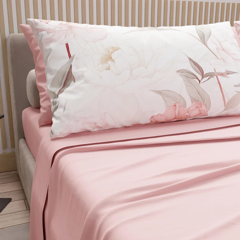 PETTI Artigiani Italiani - Cotton Sheets with Pillowcases in Digital Print, Double Maxi, Complete Top and Bottom Sheet with Corners, Peony Powder, 100% Made in Italy