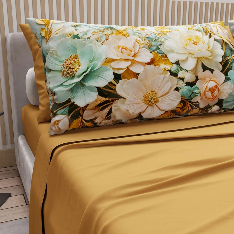 PETTI Artigiani Italiani - Cotton Sheets with Pillowcases in Digital Print, Double Maxi, Complete Top and Bottom Sheet with Corners, Floral 05 9 Ochre Yellow, 100% Made in Italy