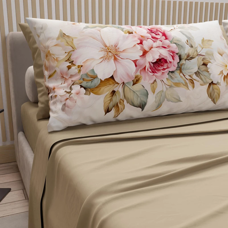 PETTI Artigiani Italiani - Cotton Sheets with Pillowcases in Digital Print, Maxi Double, Complete Top and Bottom Sheet with Corners, Provence Taupe, 100% Made in Italy
