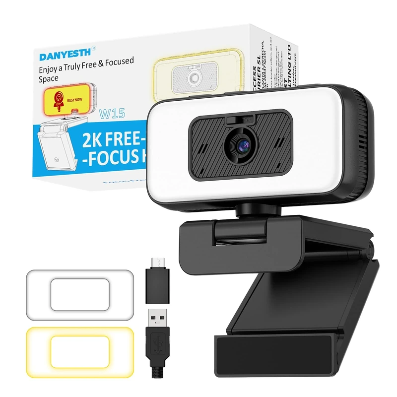 Danyesth 2K Webcam for Loptop, Computer Camera with Light for PC/Desktop/Mac [Light Your Face, Free Your Space] USB Webcam with Auto Anti-Disturb Backlight, Zoom & Flip, Privacy Cover, Microphone