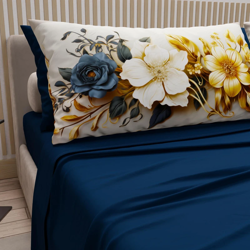 PETTI Artigiani Italiani - Cotton Sheets with Pillowcases in Digital Print, French Quarter Size, Top and Bottom Sheet Set with Corners, Ceramic 04 Night Blue, 100% Made in Italy