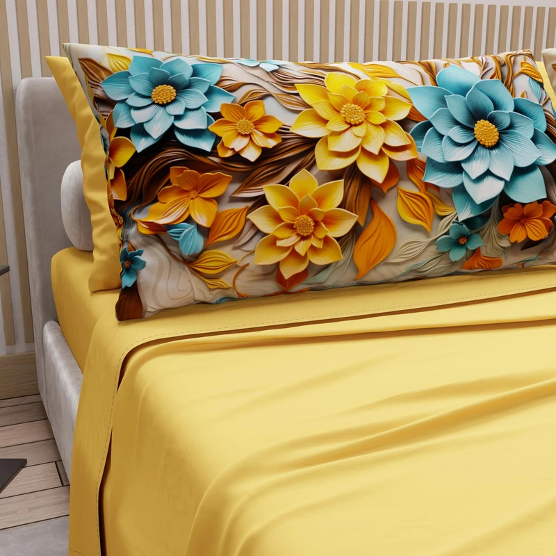 PETTI Artigiani Italiani - Cotton Sheets with Pillowcases in Digital Print, French Queen, Complete Top and Bottom Sheet with Corners, Floral 05 16 Yellow, 100% Made in Italy