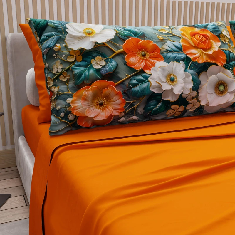 PETTI Artigiani Italiani - Cotton Sheets with Pillowcases in Digital Print, French Quarter, Complete Top and Bottom Sheet with Corners, Floral 05 18 Orange, 100% Made in Italy