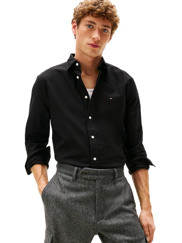 Tommy Hilfiger Mens Long Sleeve Oxford Shirts in Regular Fit, Men's Button Down Shirts, Also Available in Big and Tall, Black/Black Solid, Large - Image 1