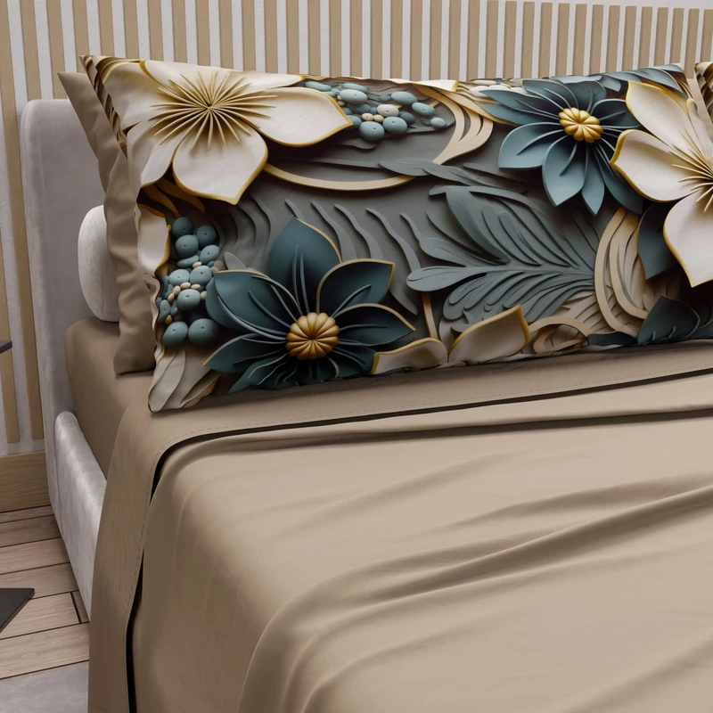 PETTI Artigiani Italiani - Cotton Sheets with Pillowcases in Digital Print, Double Maxi, Complete Top and Bottom Sheet with Corners, Floral 05 8 Taupe, 100% Made in Italy