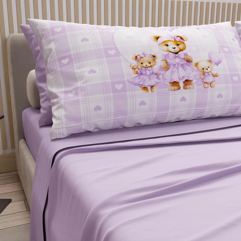 PETTI Artigiani Italiani - Cotton Sheets with Pillowcases in Digital Print, Double Maxi, Top and Bottom Sheet Set with Corners, Teddy Love Lilac, 100% Made in Italy