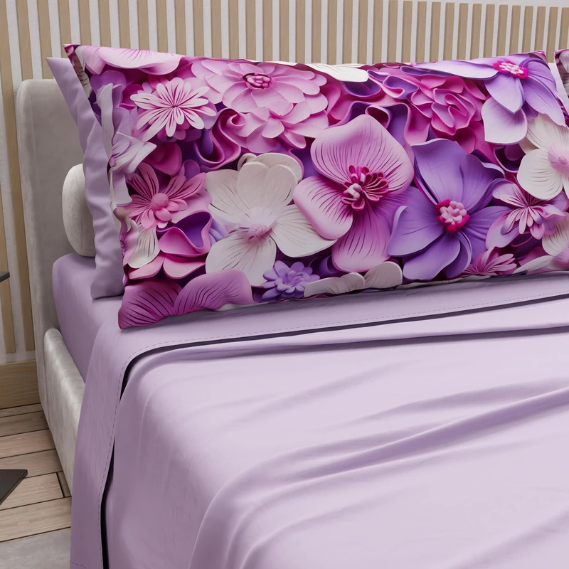 PETTI Artigiani Italiani - Cotton Sheets with Pillowcases in Digital Print, Double Maxi, Complete Top and Bottom Sheet with Corners, Floral 05 23 Lilac, 100% Made in Italy