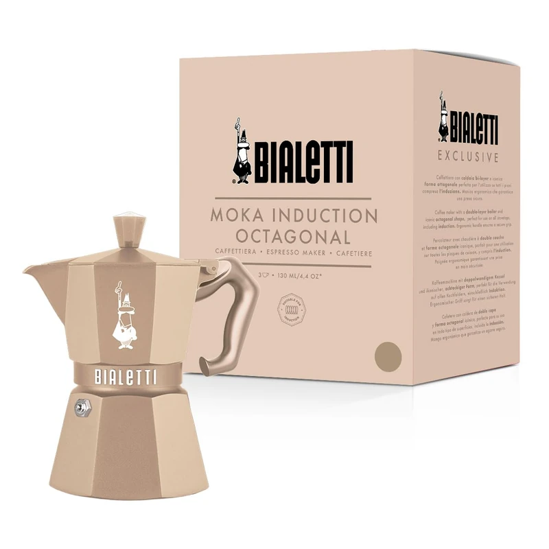 Bialetti Moka Exclusive Octagonal Induction Espresso Maker, Aluminium and Steel, Desert Sand, Gas and Induction Compatible, Made in Italy - Image 1