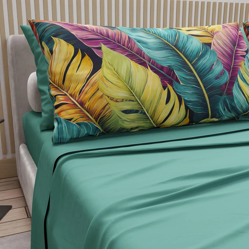 PETTI Artigiani Italiani - Cotton Sheets with Pillowcases in Digital Print, Double Maxi, Complete Top and Bottom Sheet with Corners, Floral 04 199 Teal, 100% Made in Italy