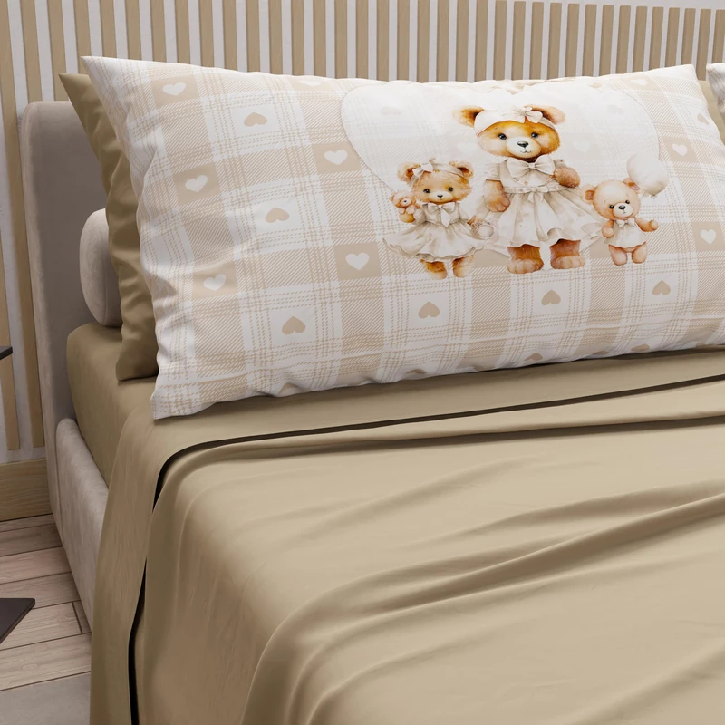 PETTI Artigiani Italiani - Cotton Sheets with Pillowcases in Digital Print, French Quarter, Top and Bottom Sheet Set with Corners, Teddy Love Taupe, 100% Made in Italy