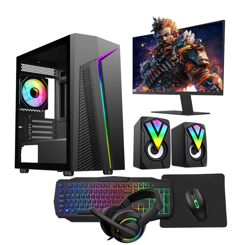 Gaming PC – Intel Core i5, GT 730 4GB Graphics, 16GB RAM, 1TB HDD + 128GB SSD, Windows 11 Pro, 22" Monitor, Keyboard, Mouse, Headset – High-Performance Gaming PC Bundle (Flash Black)