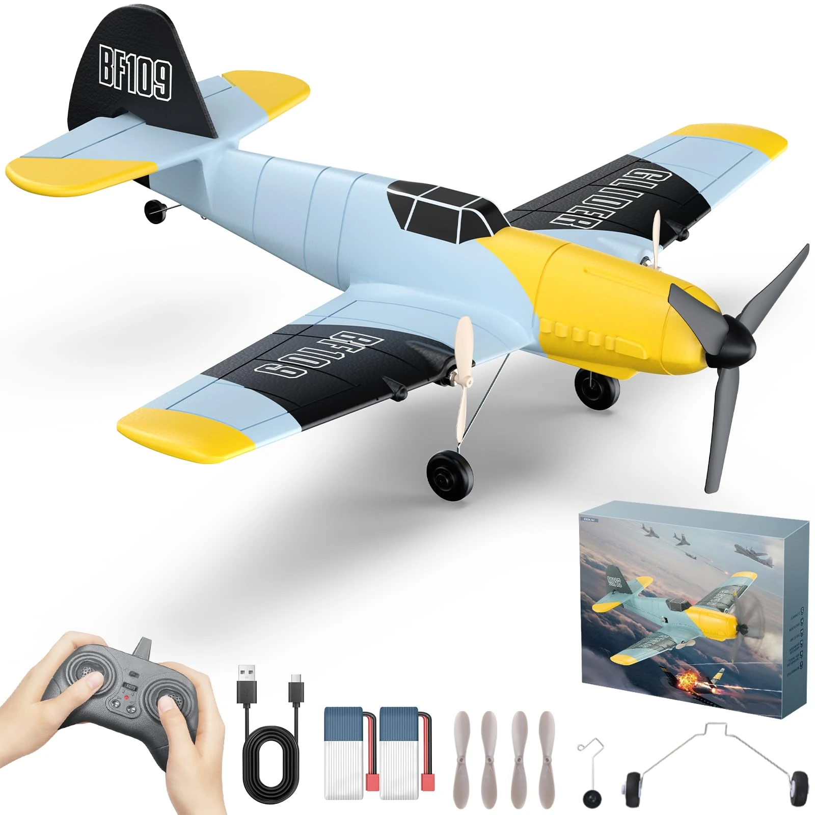 FTJKGH Remote Control Plane BF109 with 3 Channel, Foam RC Plane for Adults with 2.4GHz Wireless 6-axis Gyro Stabilizer, Easy to Fly Remote Control Aircraft Airplanes for Beginners, Adults, Kids