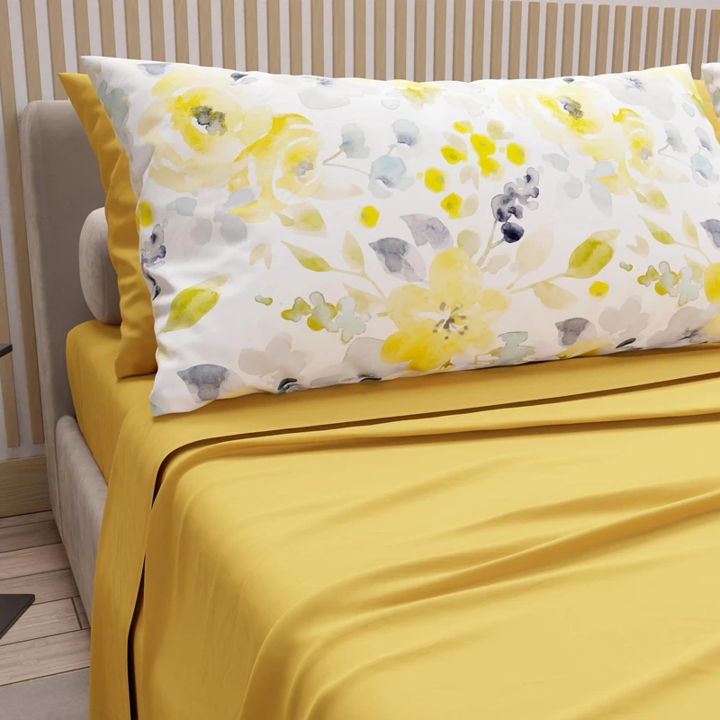 PETTI Artigiani Italiani - Cotton Sheets with Pillowcases in Digital Print, Double Maxi, Complete Top and Bottom Sheet with Corners, Yellow Macau, 100% Made in Italy
