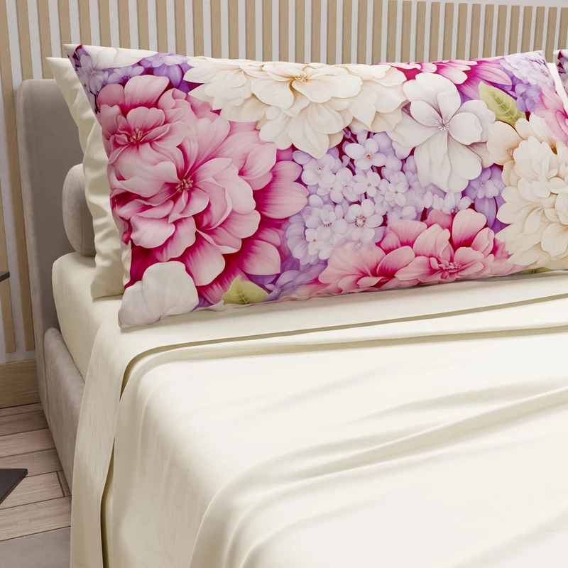 PETTI Artigiani Italiani - Cotton Sheets with Pillowcases in Digital Print, Double Maxi, Complete Top and Bottom Sheet with Corners, Hydrangea Cream, 100% Made in Italy