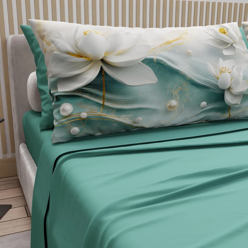 PETTI Artigiani Italiani - Cotton Sheets with Pillowcases in Digital Print, French Quarter, Complete Top and Bottom Sheet with Corners, Floral 06 14 Teal, 100% Made in Italy