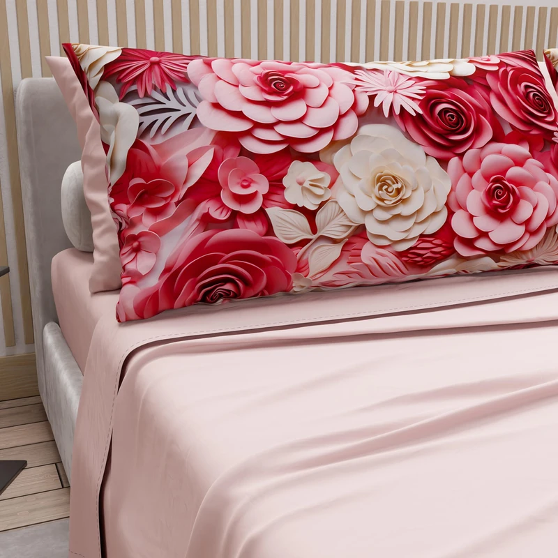 PETTI Artigiani Italiani - Cotton Sheets with Pillowcases in Digital Print, French Queen, Complete Top and Bottom Sheet with Corners, Floral 05 3 Light Powder, 100% Made in Italy