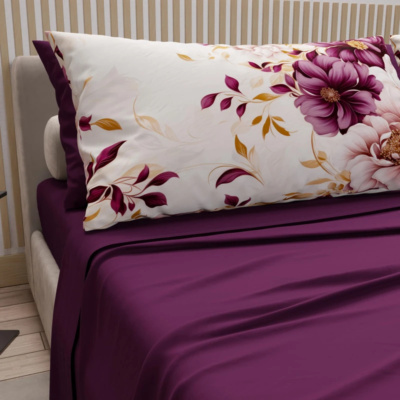 PETTI Artigiani Italiani - Cotton Sheets with Pillowcases in Digital Print, Double Maxi, Complete Top and Bottom Sheet with Corners, Dalian Plum, 100% Made in Italy