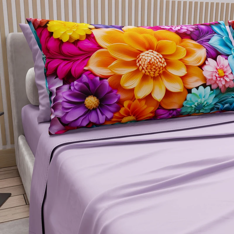 PETTI Artigiani Italiani - Cotton Sheets with Pillowcases in Digital Print, Double Maxi, Complete Top and Bottom Sheet with Corners, Floral 05 12 Lilac, 100% Made in Italy